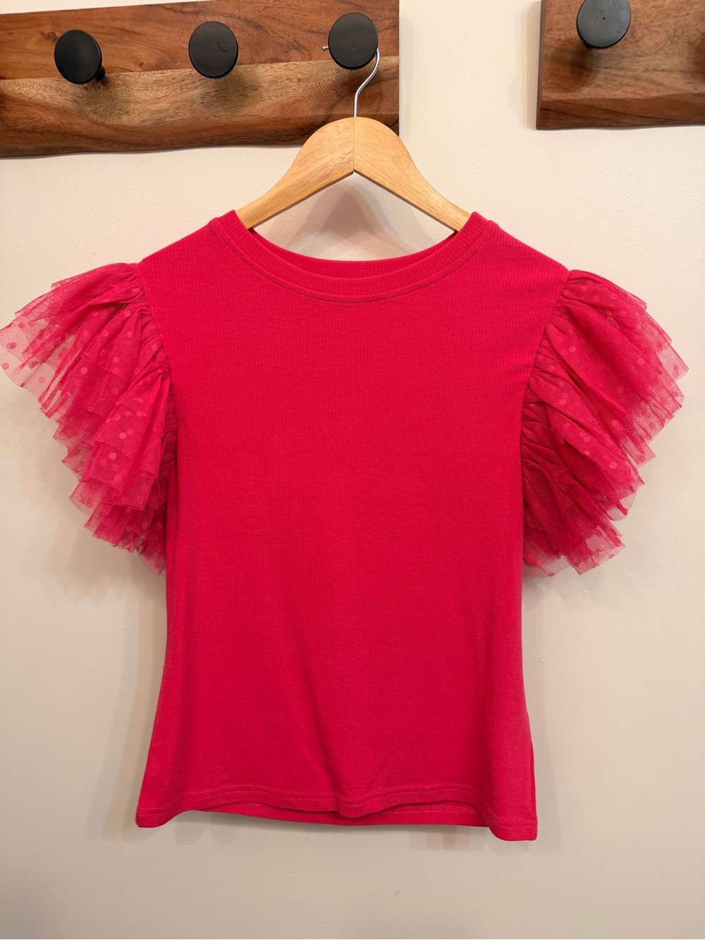 Pink Lily Hot Pink Ruffle Tulle Sleeve Tee